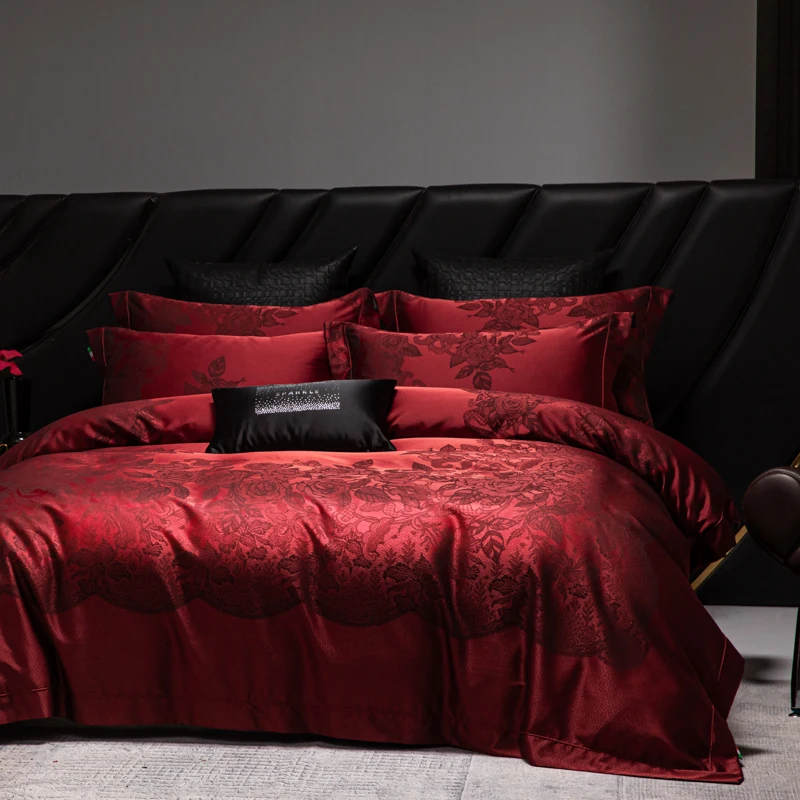 Luxury Jacquard 4‑Piece Bedding Set, Long‑staple Cotton, Burgundy Floral Duvet Cover, Breathable Bedspread & Pillowcases,