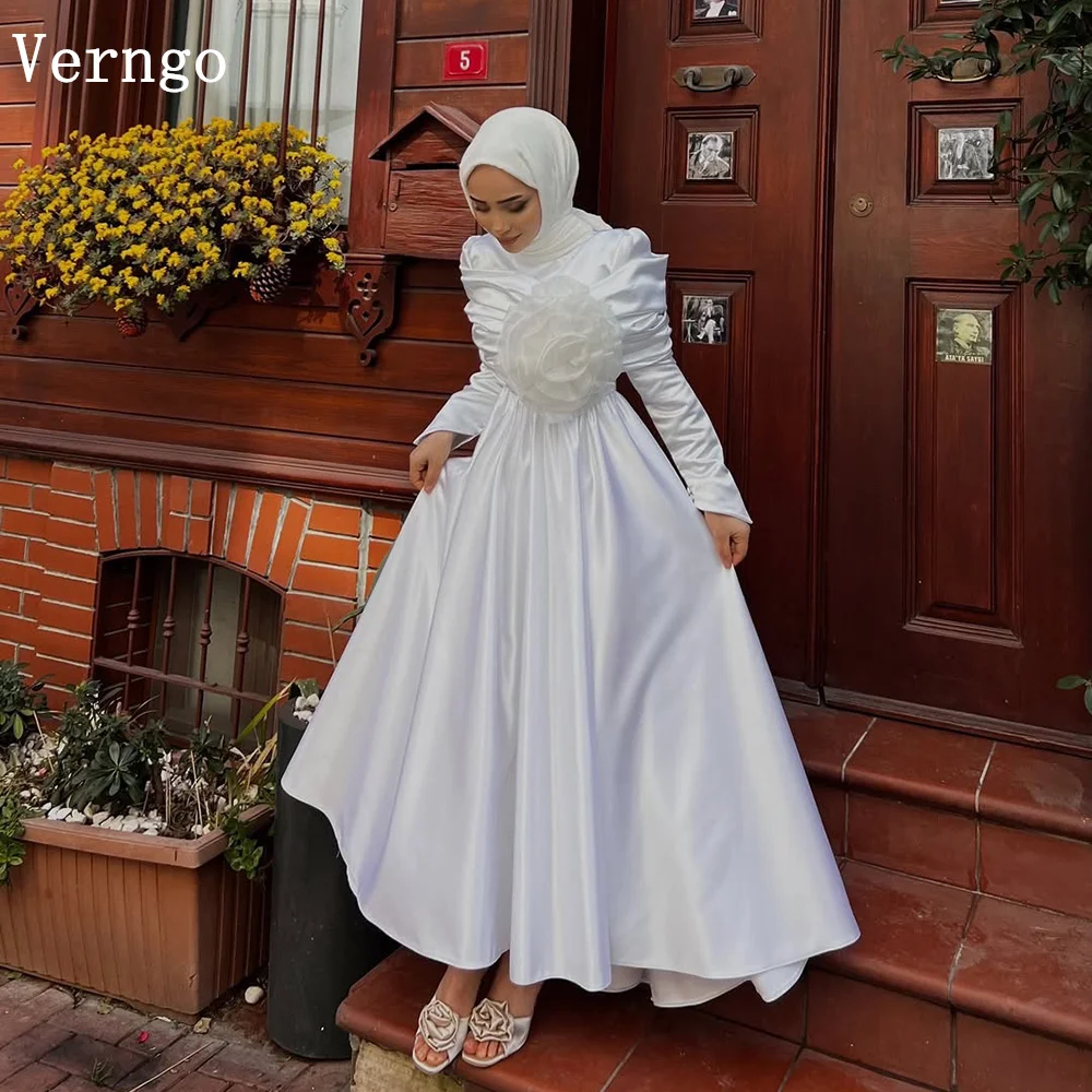 Verngo lvory Satin Wedding Dress 3D Flowers A Line Full Sleeves Prom Bridal Gowns Elegant Dubai Bride Dresses Customized