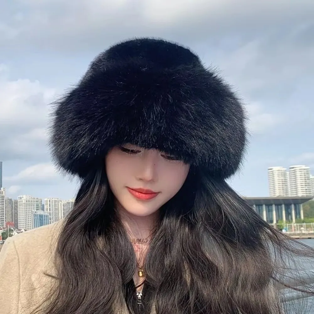 Fashion Headwear Fluffy Fur Winter Hat Solid Color Thicken Bucket Hat Plush Cold Windproof Berets Chrismas Gifts image 5