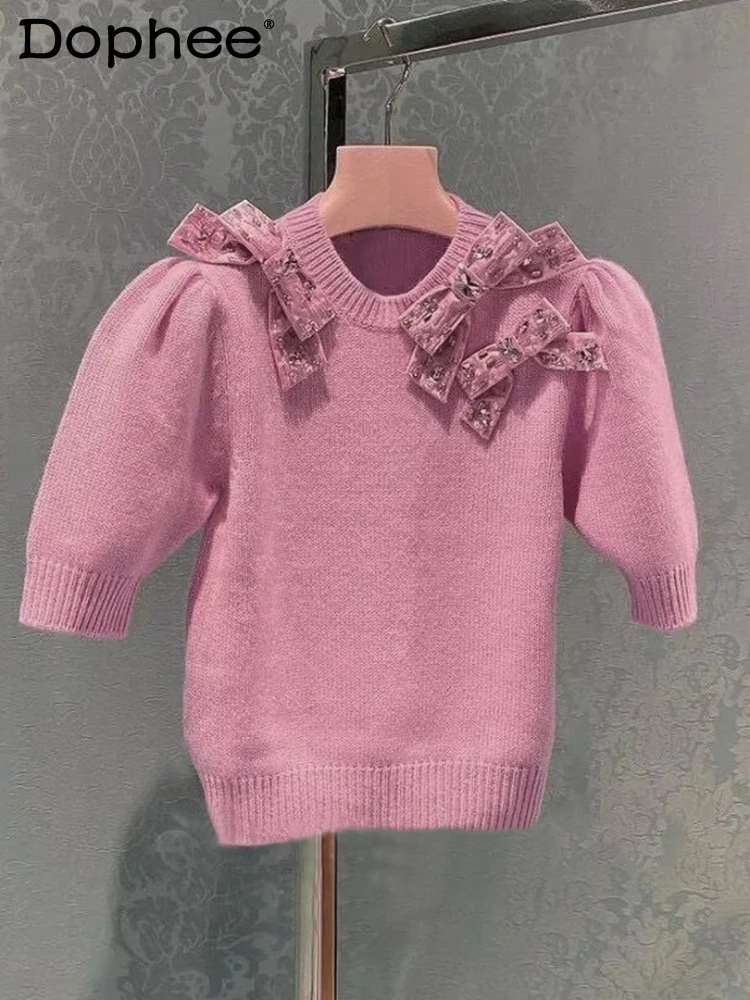 

French Sweet Pink Short Sleeve Knitwear 2023 Spring Summer New Heavy Industry Rhinestone Bow Puff Sleeve Top Sweater Women