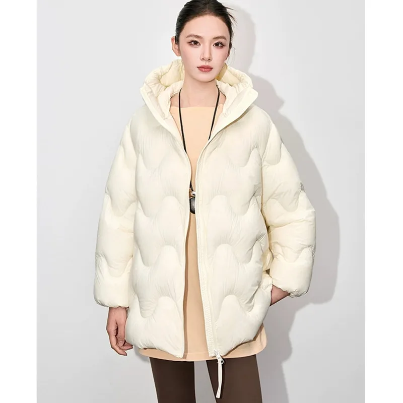 Black 90%White duck down Jacket 2025 Autumn Winter New High end Hooded Loose Puff down Coats Female Thick Warm Parka Overcoat