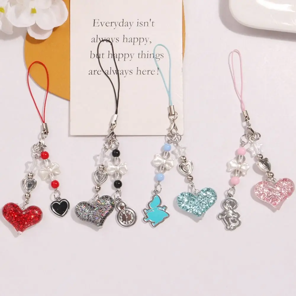 Key Cord Y2K Phone Chain Phone Strap Flashing Heart Heart Phone Charms Beaded Sweet Girl Beaded Phone Lanyard Earphone Case