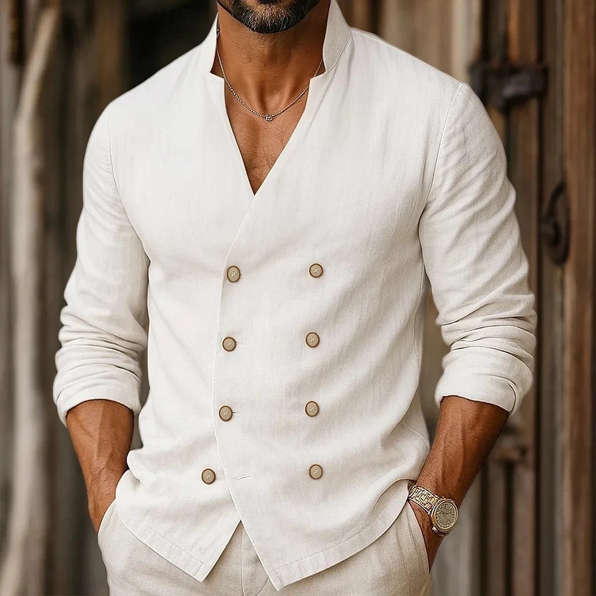 Men's Double-breasted Button-down Shirt, Casual Home-style Stand-up Collar Shirt, Long-sleeved Cardigan Jacket