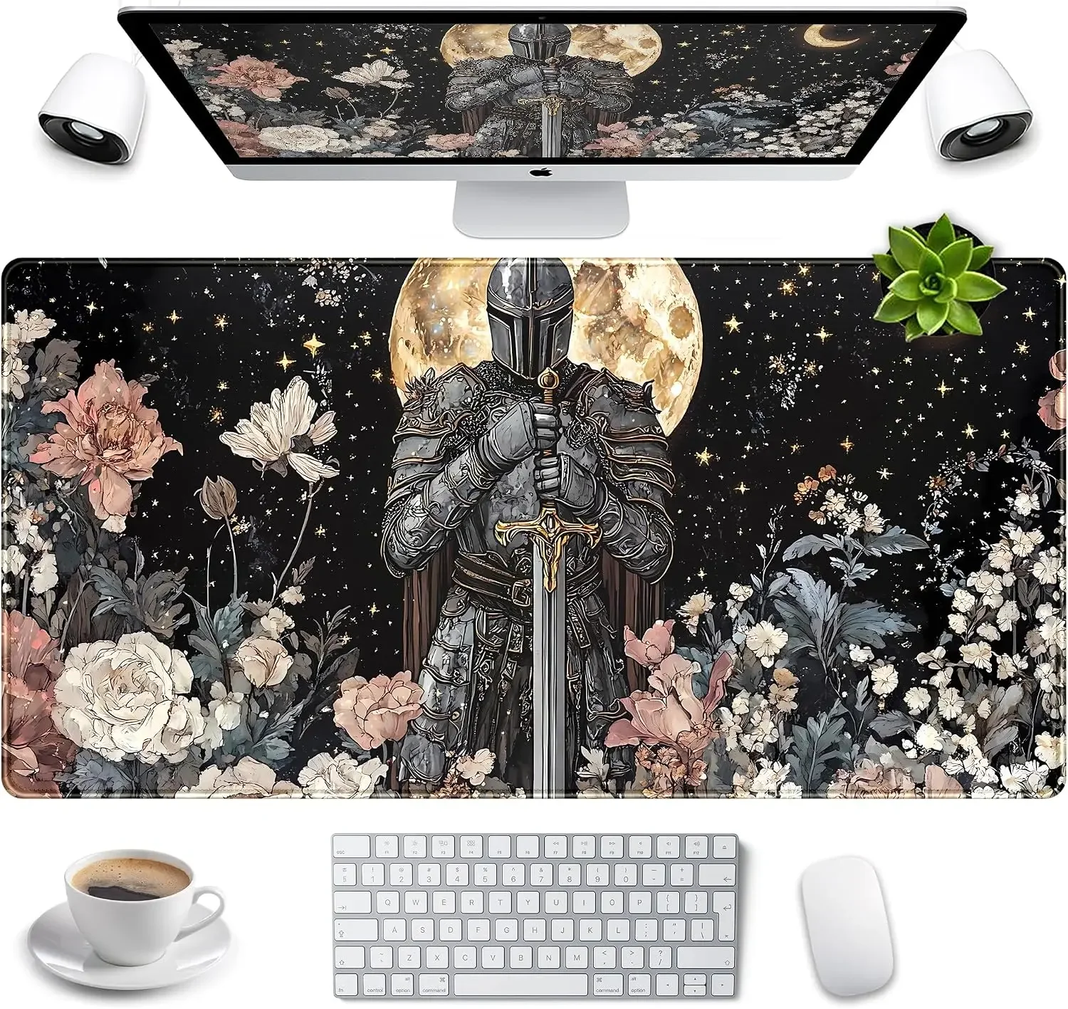 Floral Knight Gaming Mouse Pad, Warrior Sword Full Moon Starry Print Smooth Edge Non Slip Mat for Gamers Office Home Mouse