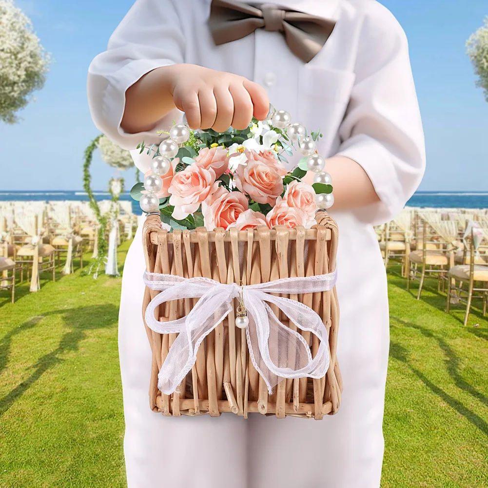 

Latest Woven Storage Basket Handle And Ribbon,Wedding Flower Girl Baskets Wicker Rattan Flower Basket For Home Garden Decor Easy