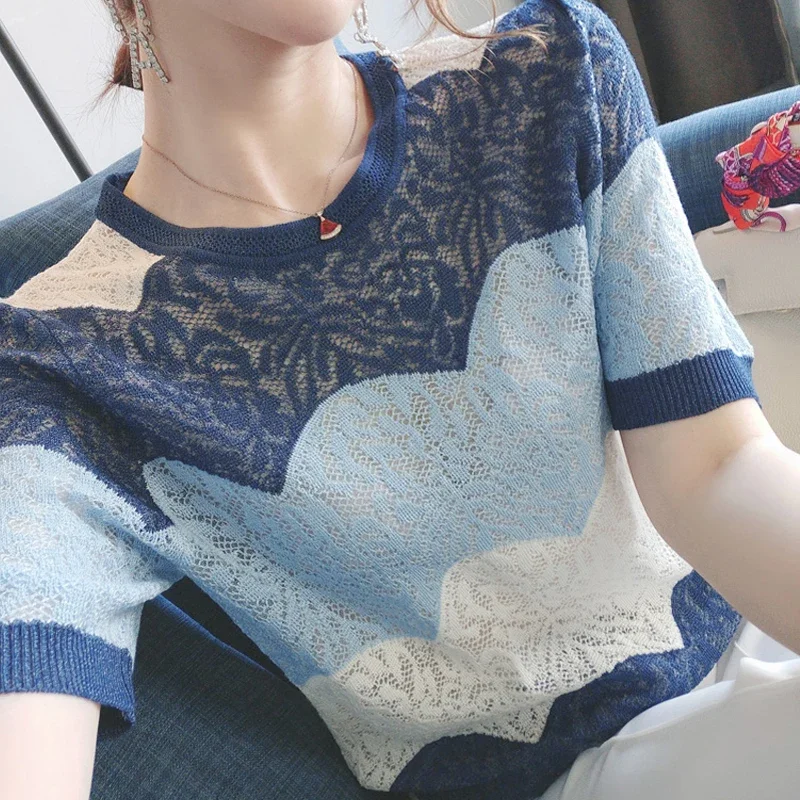 Summer Tops Women Blouses Short Sleeve Knit Blouse Women Pullover Blusas Mujer De Moda 2024 O-Neck Knitted Blouse Shirt Top E922