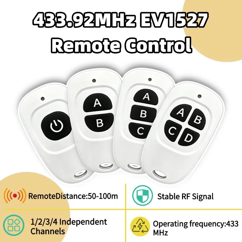 433MHz Learning Remote Control, EV1527 Learning Code Transmitter, Compatible with Gate, Garage Door & Access Controller, 1/2/3/4