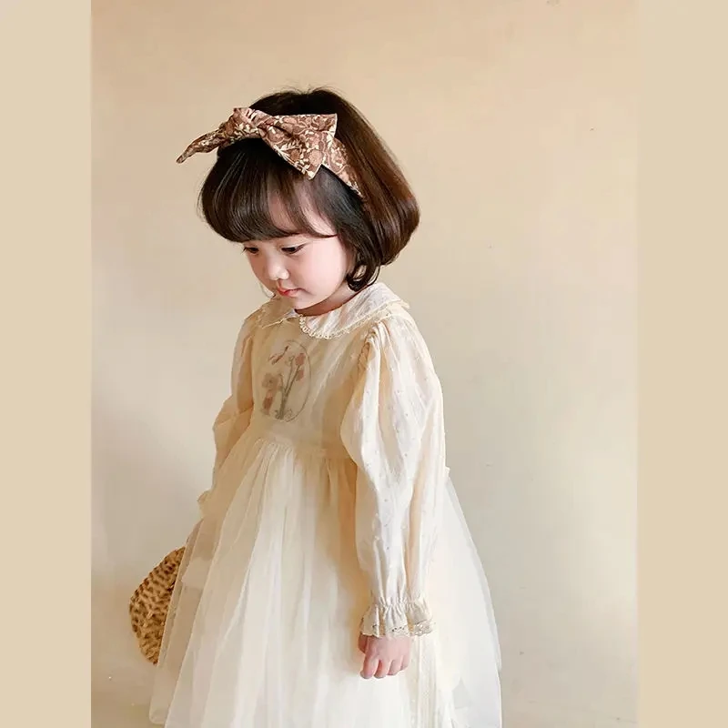 1-9Y New Baby Kid Girl Spring Summer Cream Color Kids Infant Dress Children Doll Collar Embroidered Yarn Dress Girls Clothes