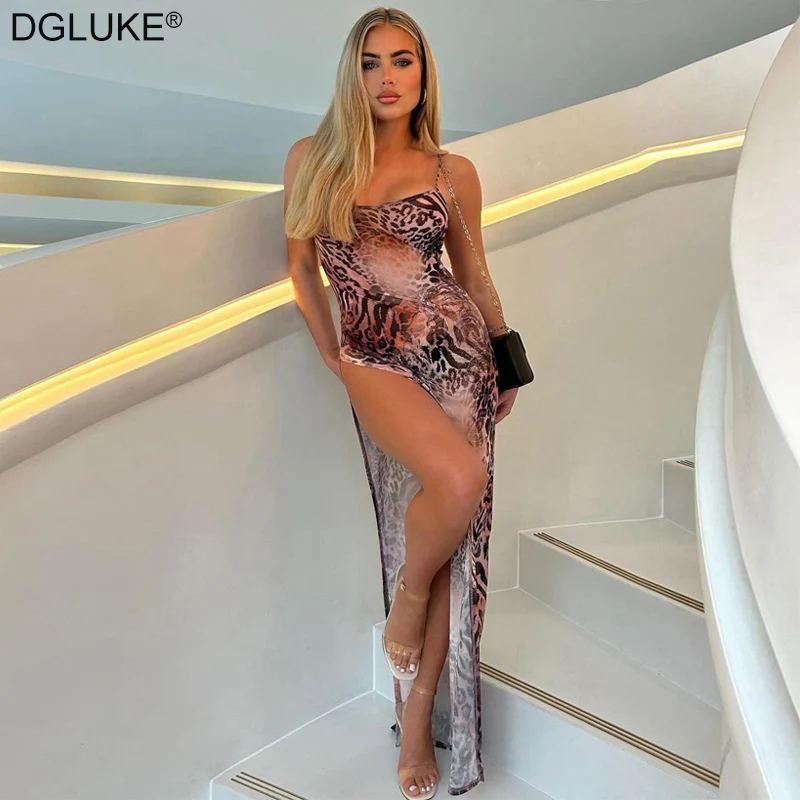 DGLUKE Leopard Print Mesh Dress Women Spaghetti Strap Backless Maxi Dress Summer Sexy Transparent Long Beach Dress