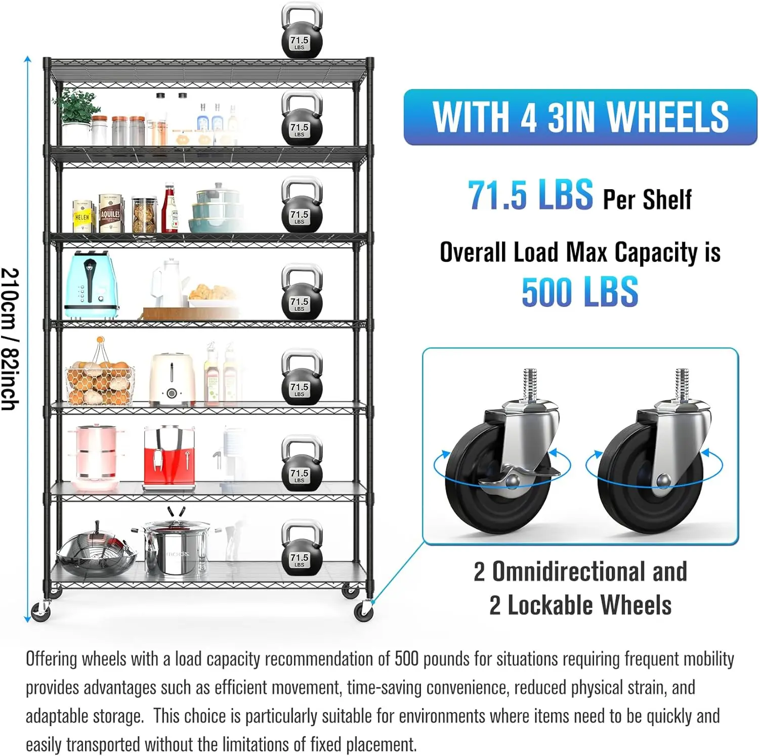 7 Tier NSF Wire Shelf Shelving Unit, 18 x 48 x 82 inch 2450lbs Capacity Heavy Duty Adjustable Storage Metal Rack with Wheels/Lev