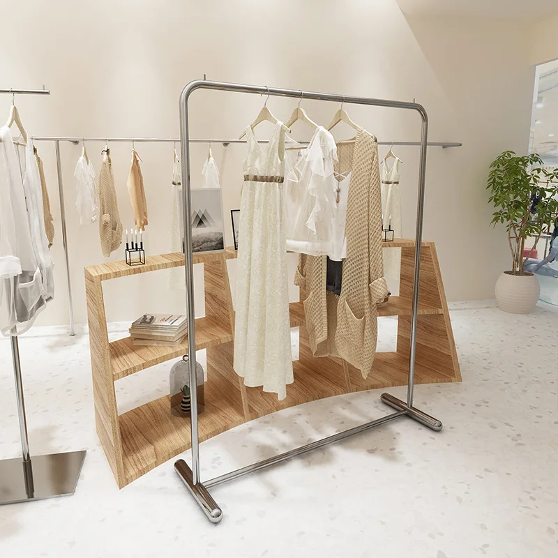 

Custom. Clothing Store Display Rack Stainless Steel Brushed Women's Clothing Store Floor-Type Coat Hanger Clothes Side Hanging Z