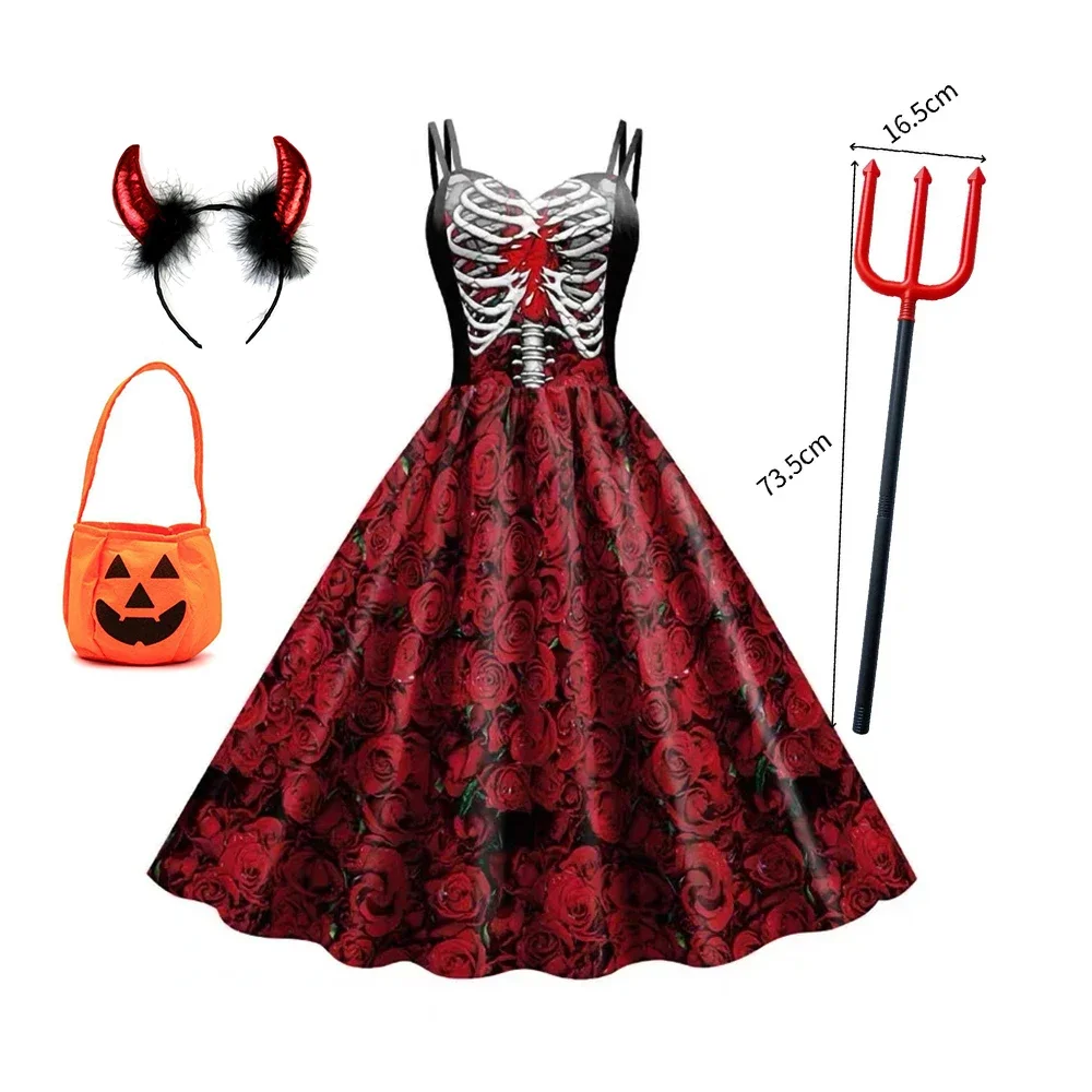 Teenager-Mädchen Rollenspiel-Kleid Damen Skelett-Rosen-Cosplay Ärmelloses Swing-Kleid Gothisches Halloween-Kostüm für Kostümparty – Detail 5