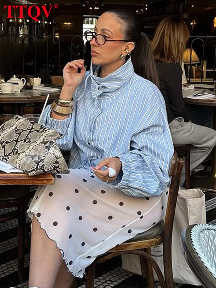 Women's Stripe Print Turtleneck Long Sleeve Shirt Top