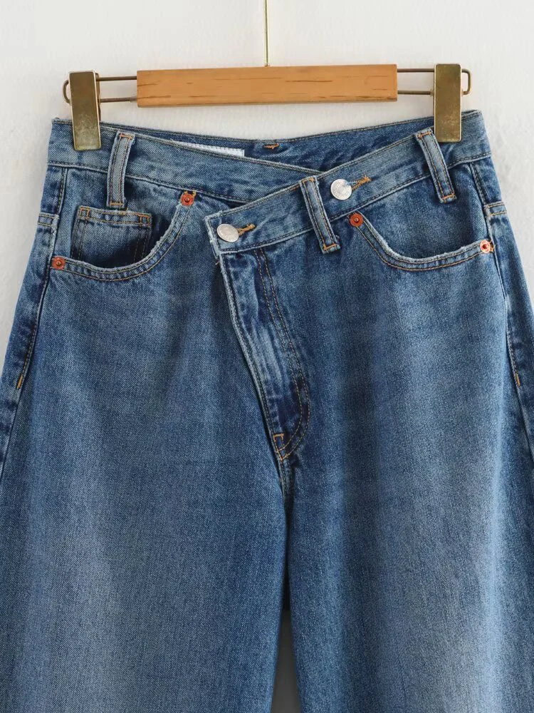 أزياء نسائية جديدة على الطراز الأوروبي، متعددة الاستخدامات، أنيقة، كاجوال مزدوجة الصدر عالية الخصر واسعة الساق من قماش الدنيم. #2