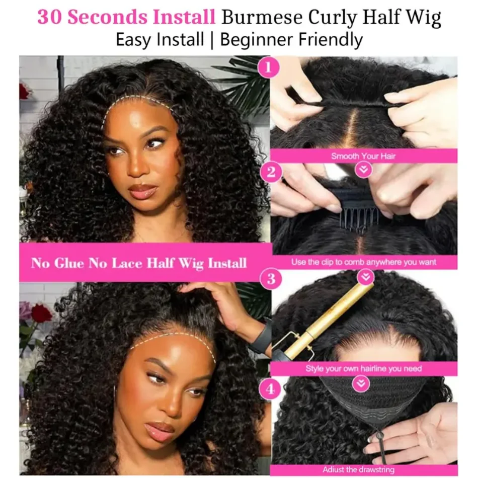 Burmese Curly Half Wig Human Hair Wig 3 In 1 Seamless Flip Over Half Wigs Beginner Friendly Glueless Wigs Human Hair With Spiral End Elastic Drawstring Wear And Go Wig Natural Color view 3