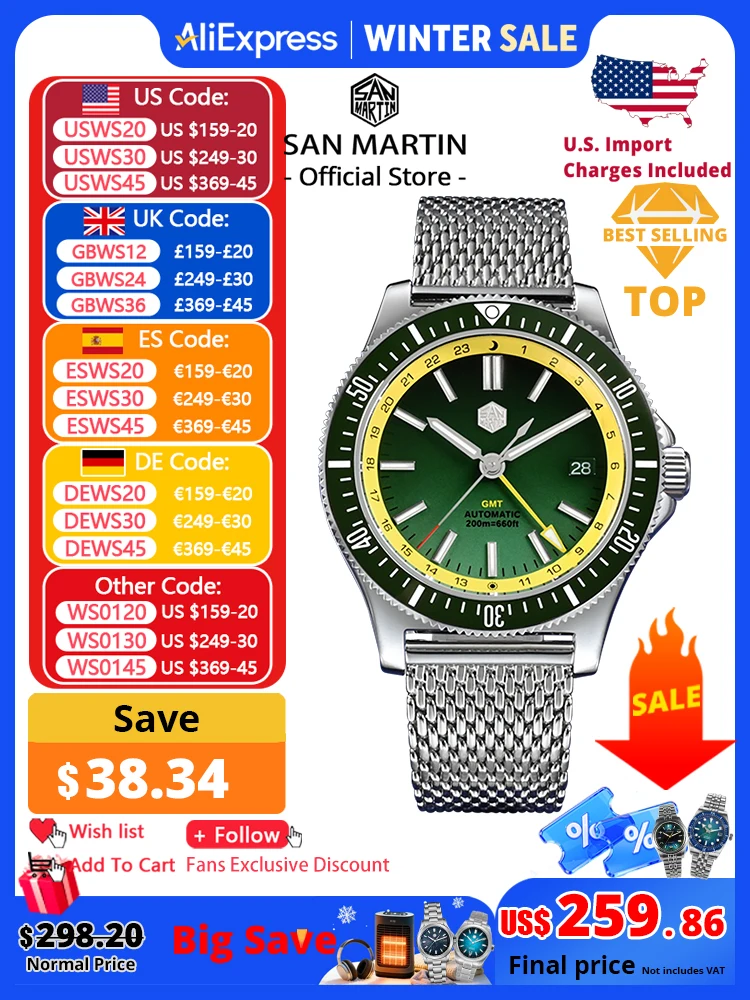 San Martin Original Design 41 mm GMT Taucheruhr NH34 automatisches mechanisches Schnellverschluss-Armband wasserdicht 200 m leuchtend SN0119
