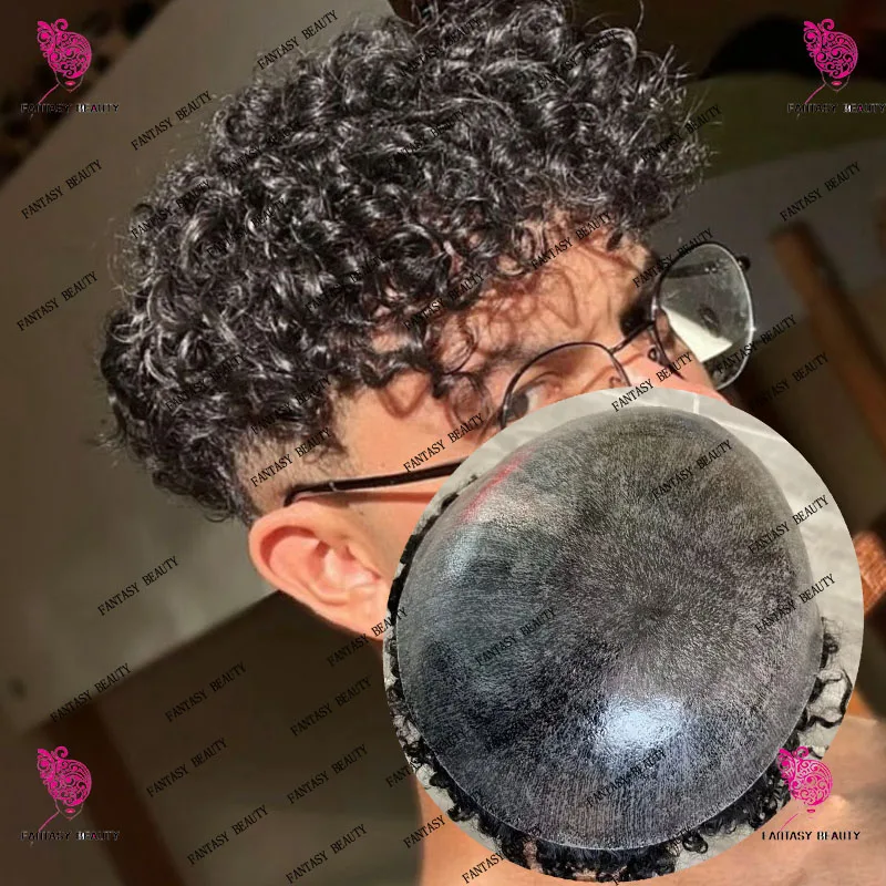 

18 мм афро вьющийся мужской протез серый черный мягкие человеческие волосы естественная линия волос прочный полный кожаный парик из искусственной кожи для мужской капиллярной системы