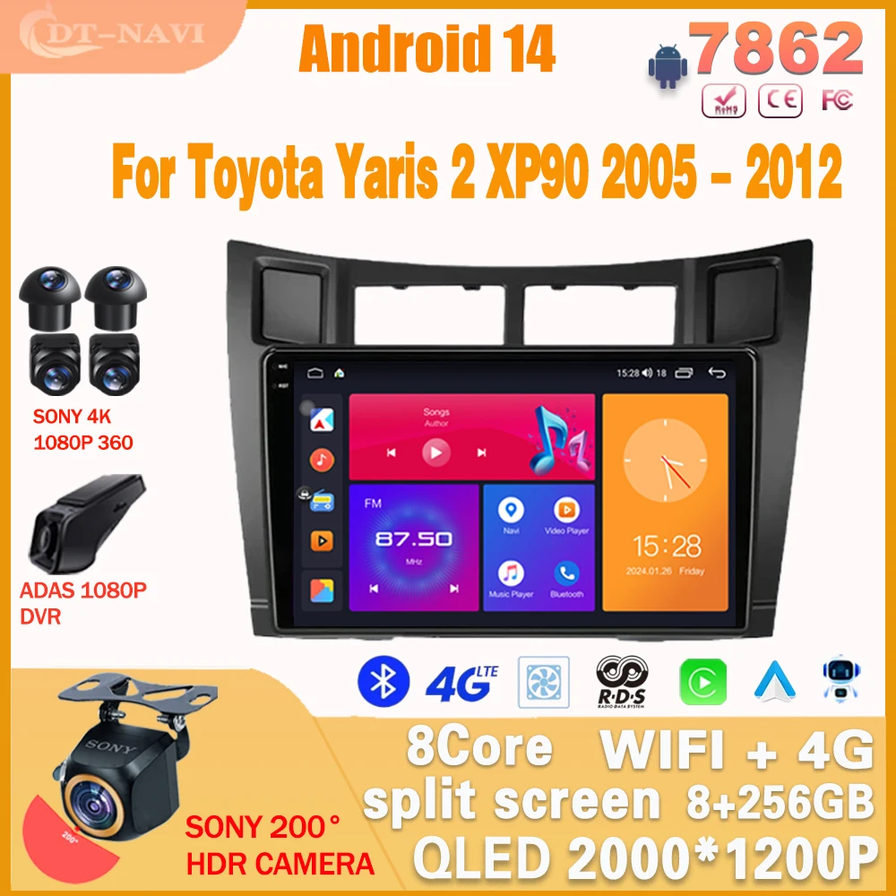 

Android 14 Car Multimedia Player For Toyota Yaris 2 XP90 2005 - 2012 Head Unit Stereo GPS Navigation 4G BT WIFI QLED NO 2Din DVD