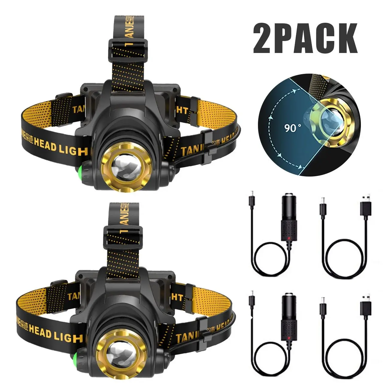 (2 Pack)USB Rechargeable LED Headlamp 3-Modes Adjustable Camping Hiking Headlight W/Car Charger+USB Cable(Logistics only Sale