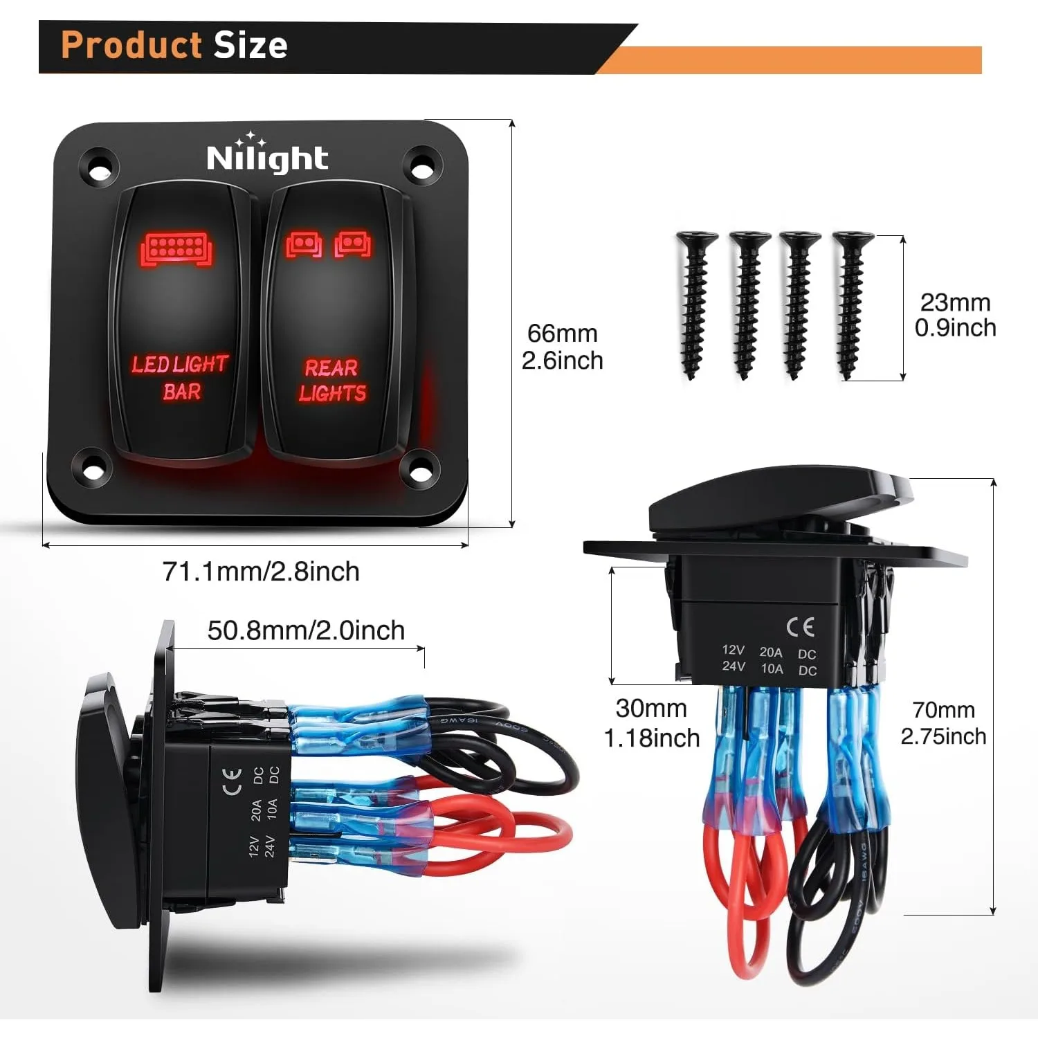 Nilight 2 Gang Rocker Switch Panel, 12V/24V Pre-Wired 5-Pin ON/Off Toggle Switch Panel with Red LED Backlit Switches for LED Light Bar, Rear Lights, Car, Truck, ATV, UTV & RV