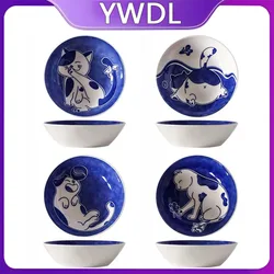YWDL 4pcs Deeper Cat Ceramic Sauce Dish Set Cute Cartoon Soy Sauce Seasoning Household Tableware Dip Dish Sushi Sauce Snack Dish