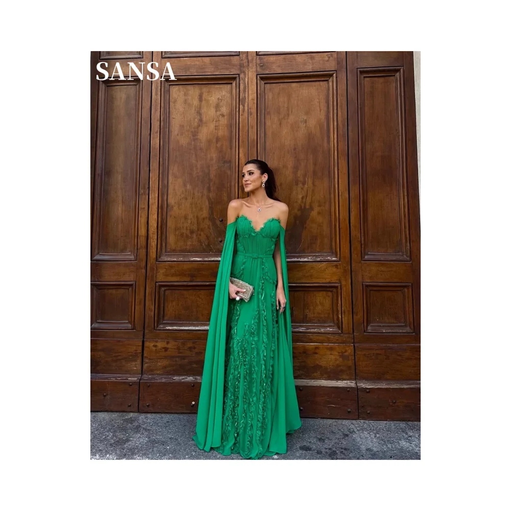 

Sansa Customize Green Pleated Ruffle Prom Dress Strapless Detachable Shawl Vestidos De Noche Floor-Length A-line Evening Dresses
