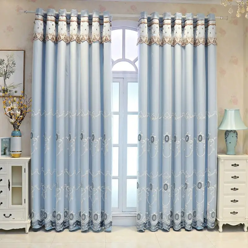 Luxury European 2- Layer Curtain Blackout Curtain with Embroidered Tulle Sheer & Valance for Living Room Bedroom Home Decoration