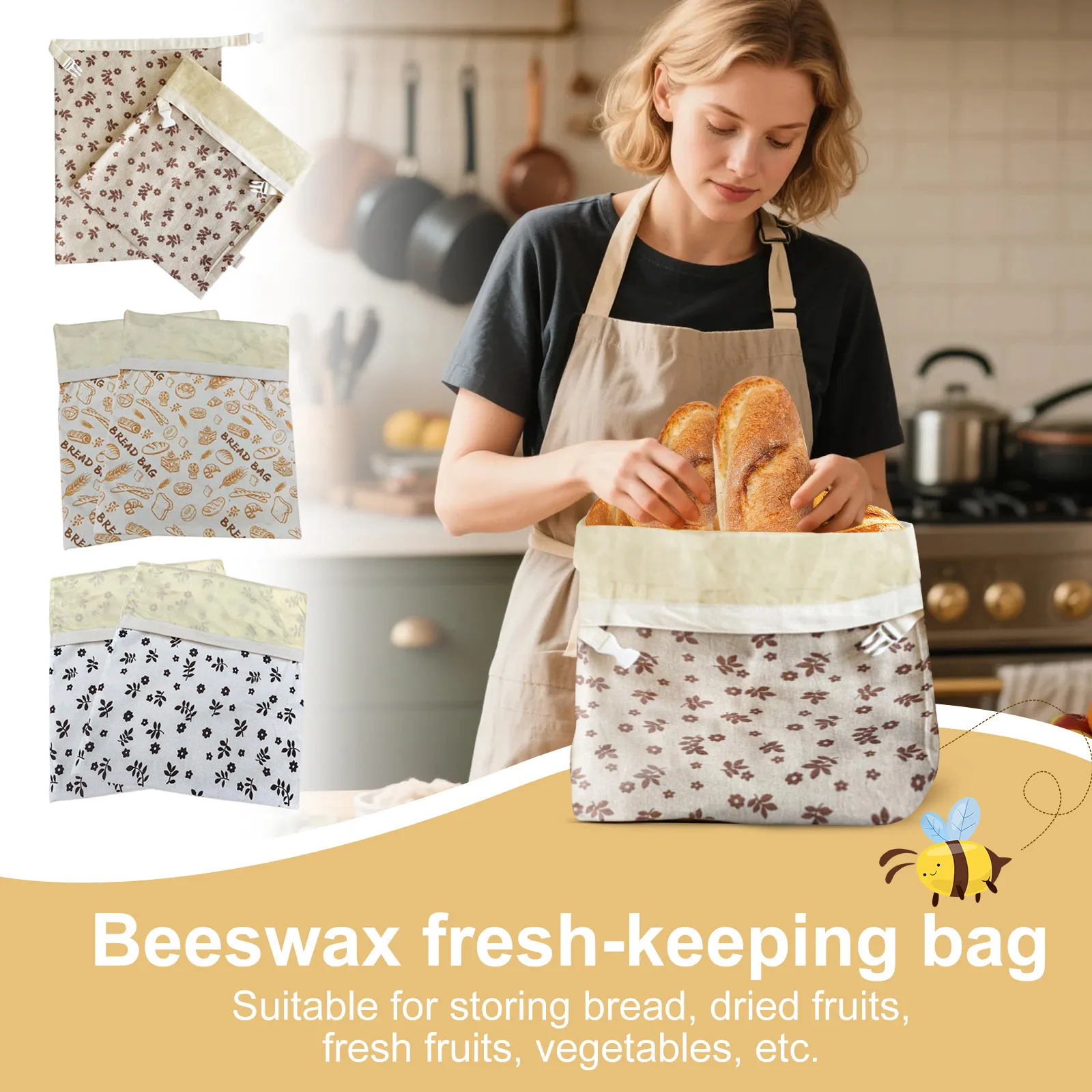 

2Pcs Reusable Bread Bags Beeswax Organic Bread Storage Bags Cotton Food Storage Bags Kitchen Organizer with Removable Buckle