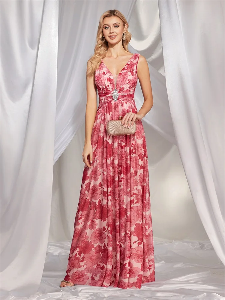 Robe de Soirée Luxueuse en Mousseline de Soie pour Femme, Tenue Longue, Rose, Dos en V, Mariage, Demoiselle d'Honneur, Bal, Cocktail, 2024