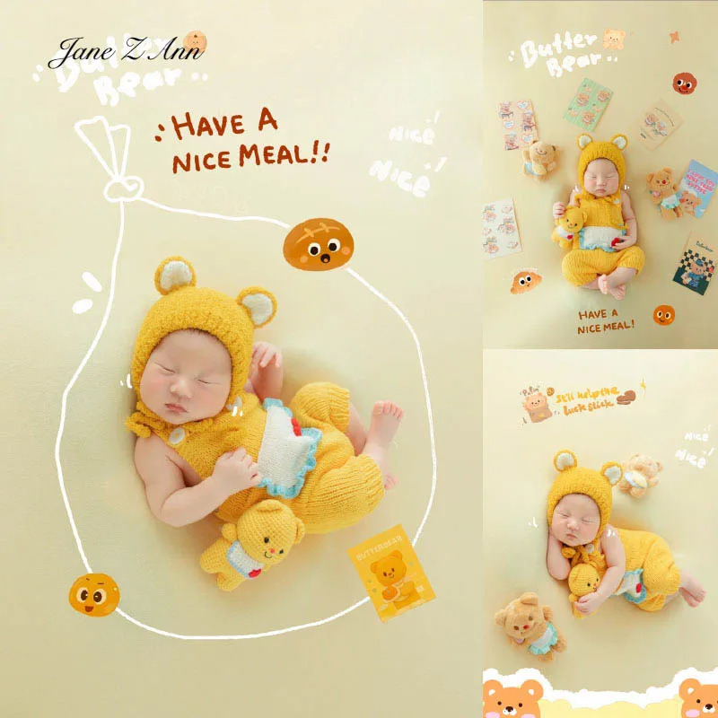 

Newborn photo props infant knitted yellow bear outfits +doll +backdrop+stickers