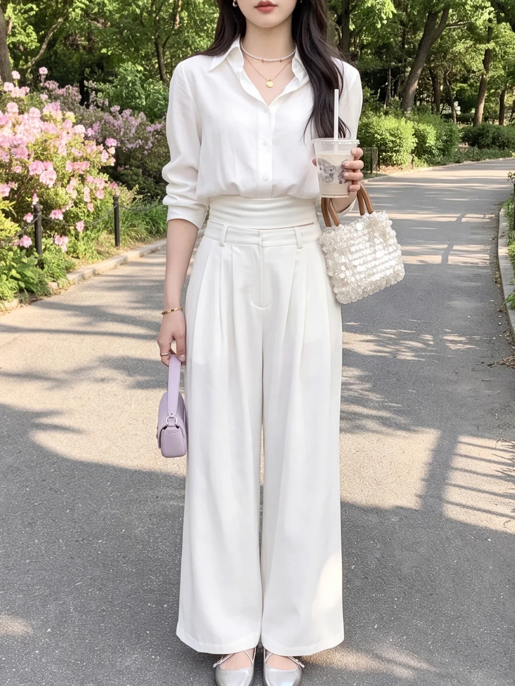 Elegant White Shirt Wide Leg Pants Set Women's Summer 2026 New Fashion Two Piece Suit Casual Style High Waist Polyester Fiber
