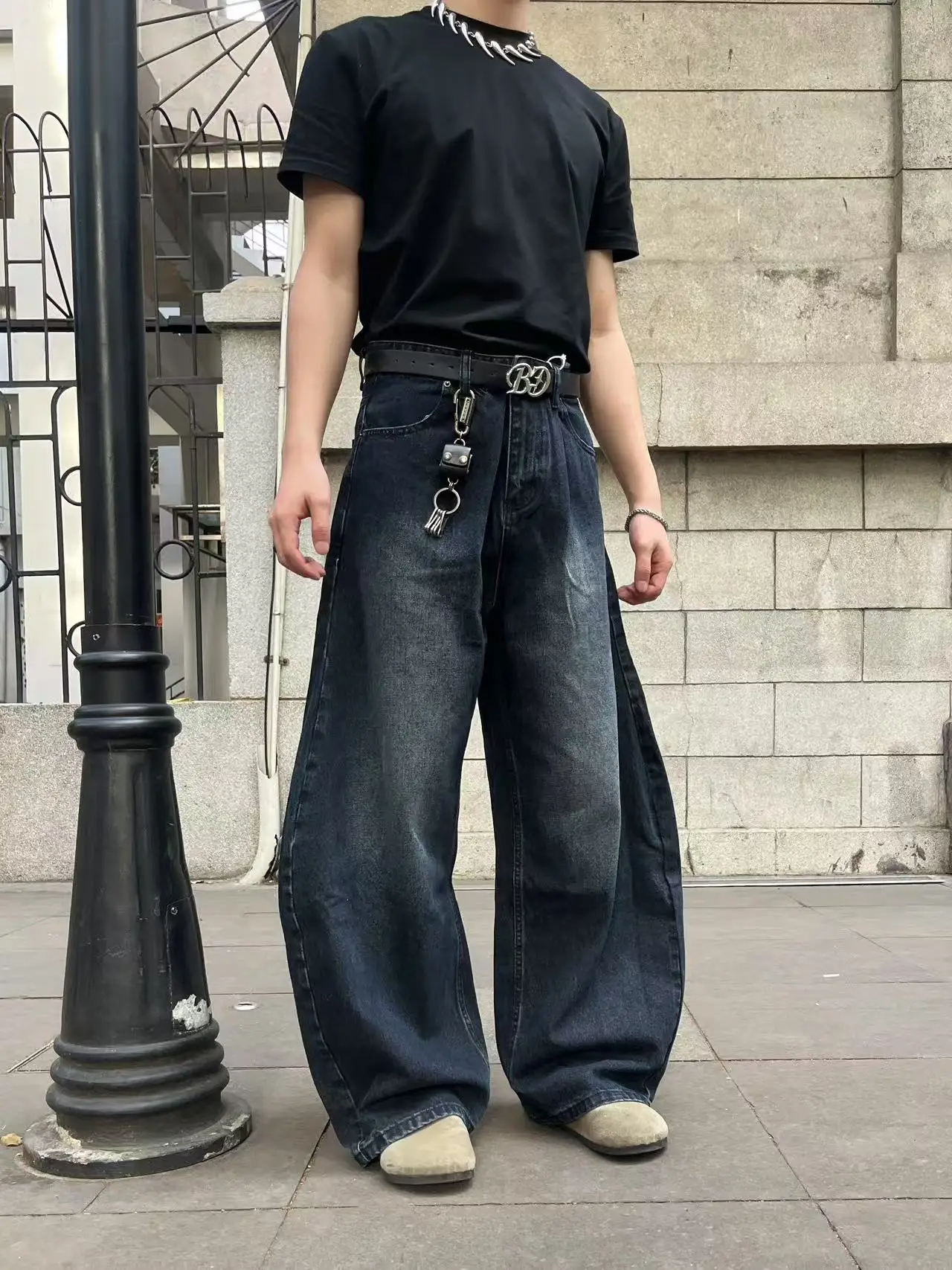 

American Style Vintage Distressed Cowboy Jeans Men Loose Scythe Wide Leg Draping Pants Casual Straight Leg Jeans