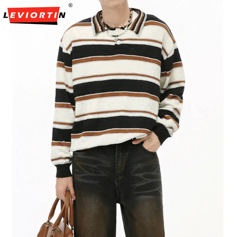 LEVIORTIN American Style Men's Sweaters Vintage Striped Contrast Color Turn-down Collar Loose Autumn Male Tops New Stylish