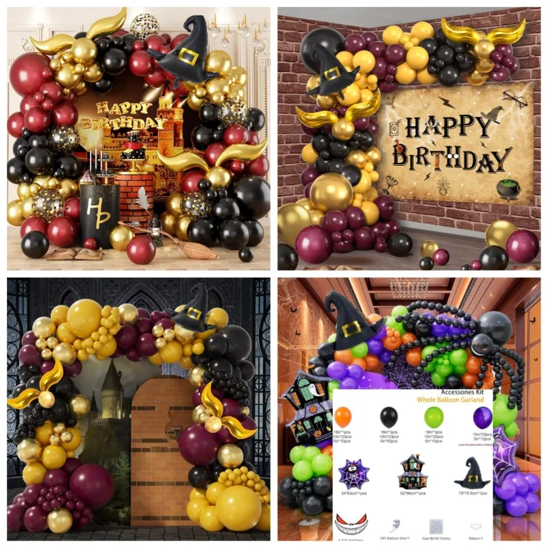 

Волшебная шляпа волшебника, детское украшение для дня рождения, комплект бордовых воздушных шаров, золотой шар, Хэллоуин, праздничная тема, макет места