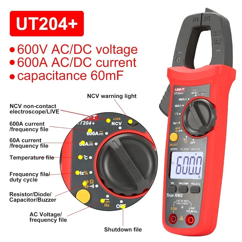 

UT204+ Digital Clamp Meter Temperature AC DC Current Voltage Resistance Tester multimeter