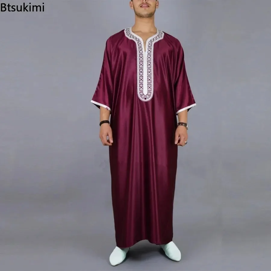 

New 2025 Men's Muslim Jubba Thobe Patchwork Soft V Neck Long Sleeve Caftan Dubai Robe Vintage Islamic Arabic Men Kaftan Abaya