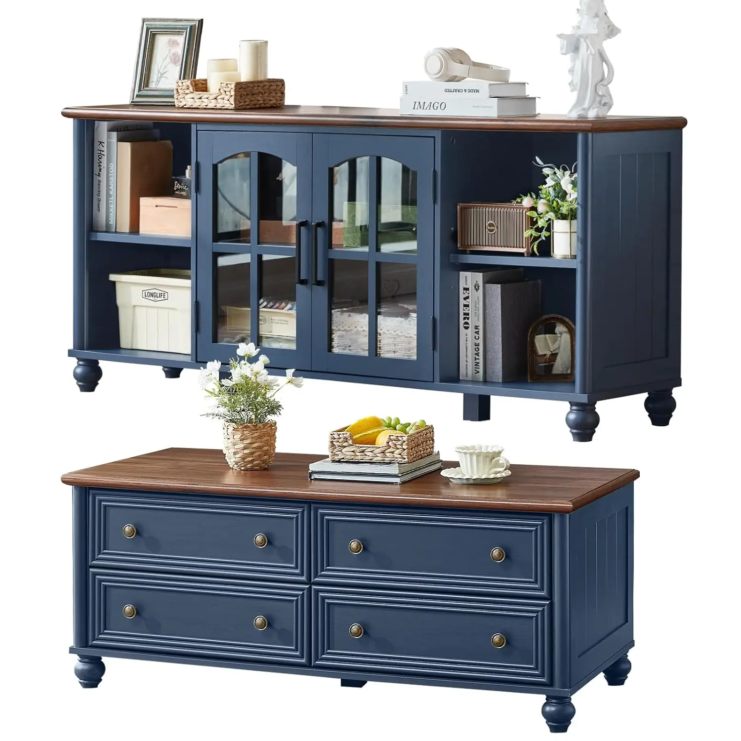 

Комплект из 2 предметов: журнальный столик и тумба под телевизор в стиле фермерского дома, медиацентр для телевизора 60 дюймов, деревянные журнальные столики с 4 ящиками, на заказ