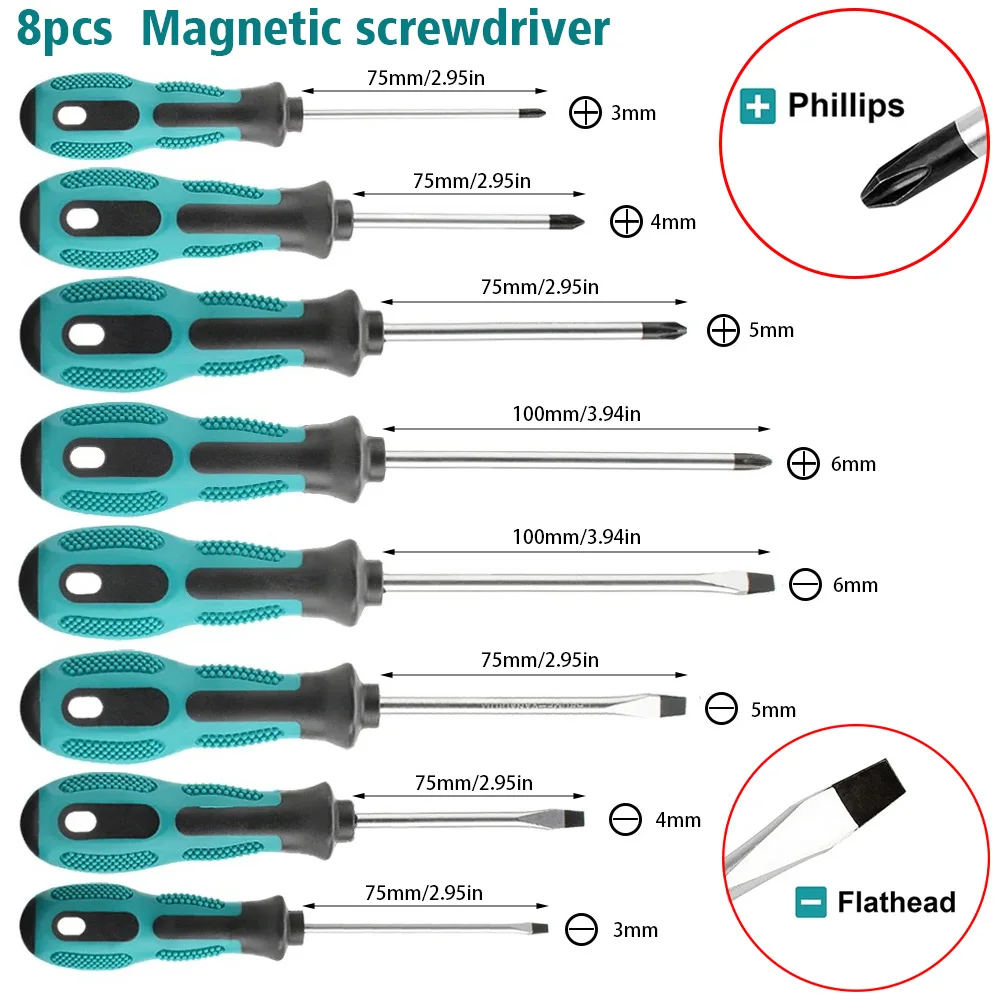 8-Piece Magnetic Screwdriver Set, Including Flathead and Phillips Screwdriver Bits, Manual Installation Tools, with Storage Bag