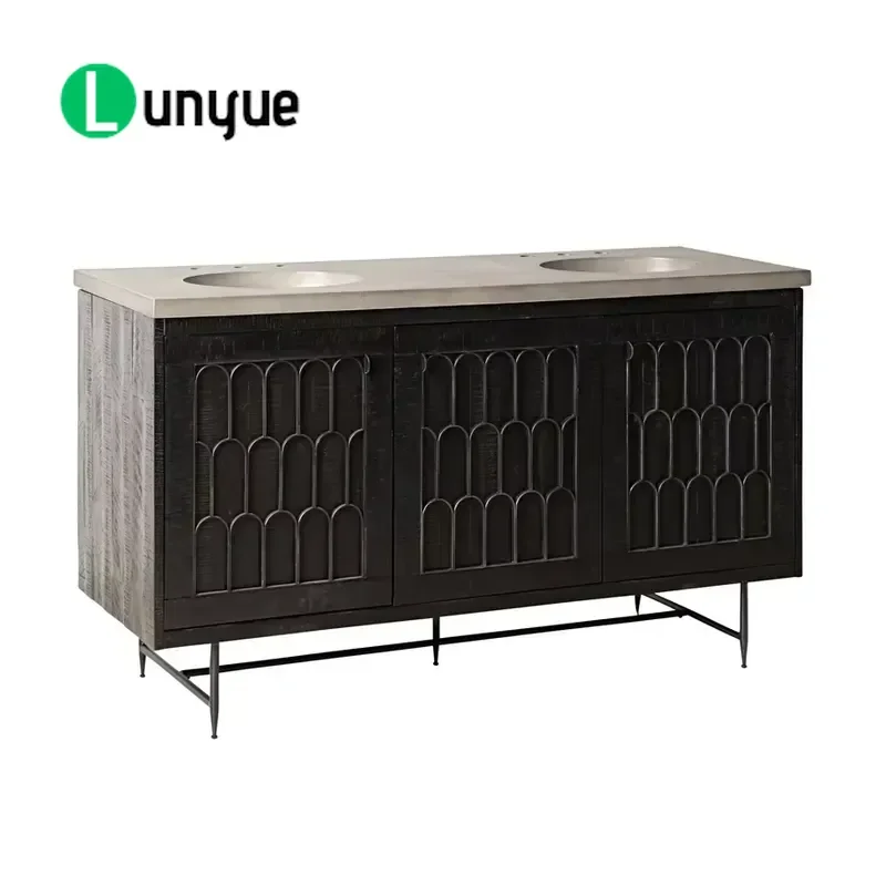 Modern Acacia Wood Double Sink Bathroom Vanity Concrete Top Floor Mounted High End Storage Cabinet for Contemporary Bath
