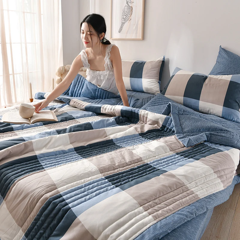 1PC Reversible Blue Grey Buffalo Plaid Summer Quilt Double Sided Soft Washable Lightweight Air Conditioning Comforter