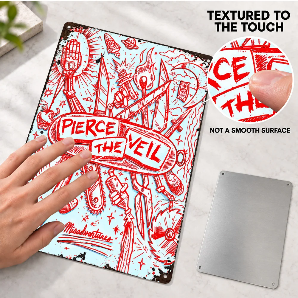 Pierce The Veil Misadventures Printed Poster Personalized Aluminum Metal Sign Red Linework Graphic Wall Art For Record Corner