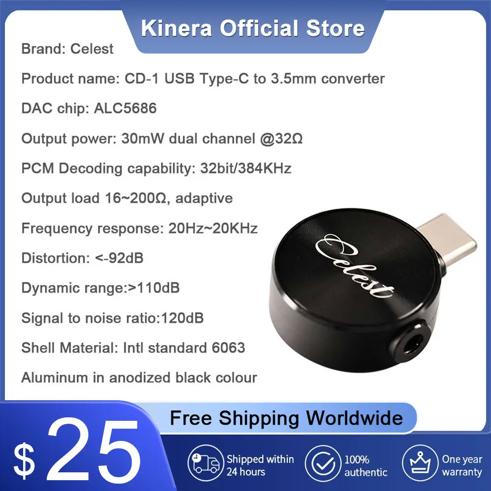 

Kinera Celest CD-1 Earphone Converter Type-C to 3.5mm Decoding DAC Amp 384kHz/32bit Headphone Adapter Chip Converter For HiFi