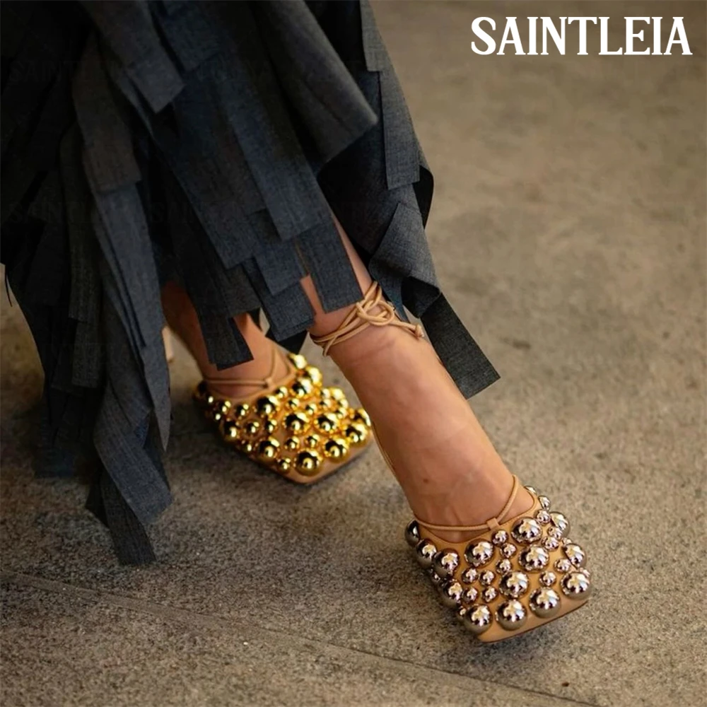 

Asymmetric Metallic Beaded Sandals Silver Gold Embellished Strappy Stilettos Novelty Designer Style Ankle Strap Summer High Heel