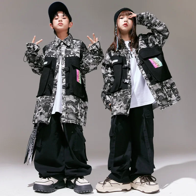 

Print Mock Vest Shirt Jacket Black Casual Strap Cargo Pants for Girl Boy Jazz Dance Costumes Clothes Kid Kpop Hip Hop Clothing