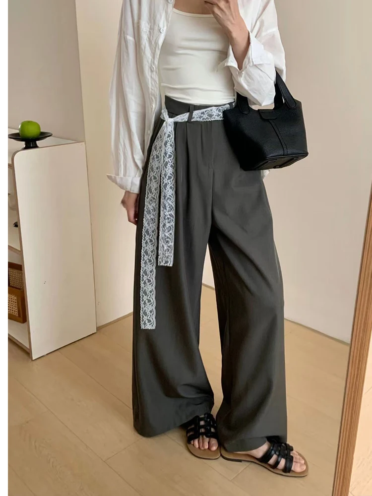 

High Waist Wide Leg Pants Women's Loose Slimming Trousers Lace Belt Casual Floor Length Spring New Sle Faion plus Size