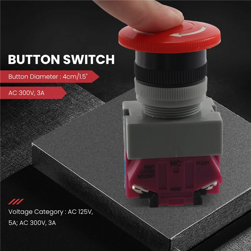 ABZV-AC 600V 10A Red Mushroom Emergency Stop Push Button Switch 22mm NO NC