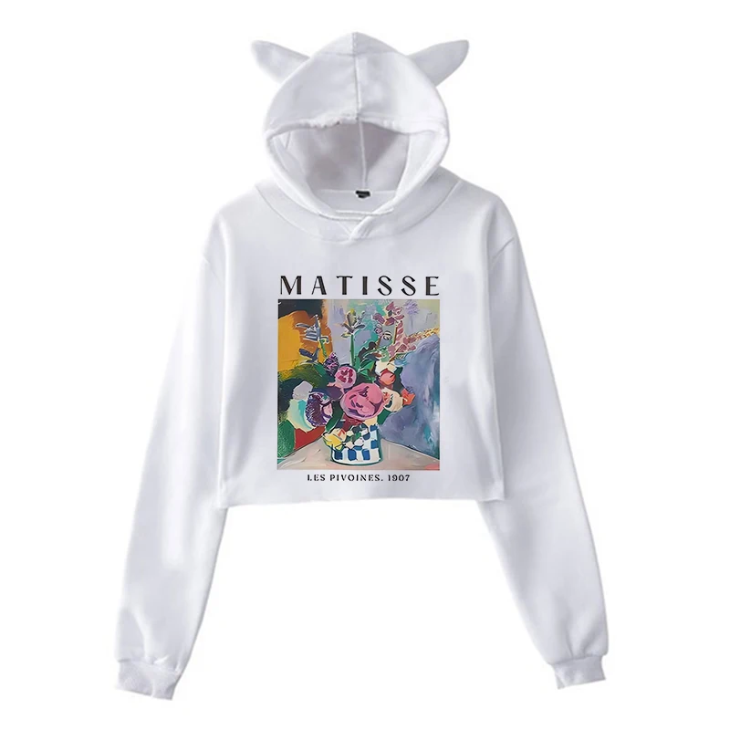 

Вдохновленные Matisse's Les Pivoines, укороченные толстовки с цветочным принтом и кошачьими ушками, женские всесезонные готические укороченные топы, кофты, одежда