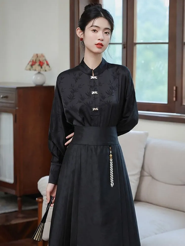 

Women's New Chinese Sle irt Bla Top with Face Skirt Long Sve Stand Collar Button Front Decorative Plane Sves