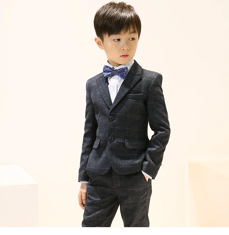 Children Plaid Gary Jacket Vest Pants Bowtie 4PCS Photograph Suit Kids Tuxedo Dress Birthday Party Costume Boys Wedding Dress