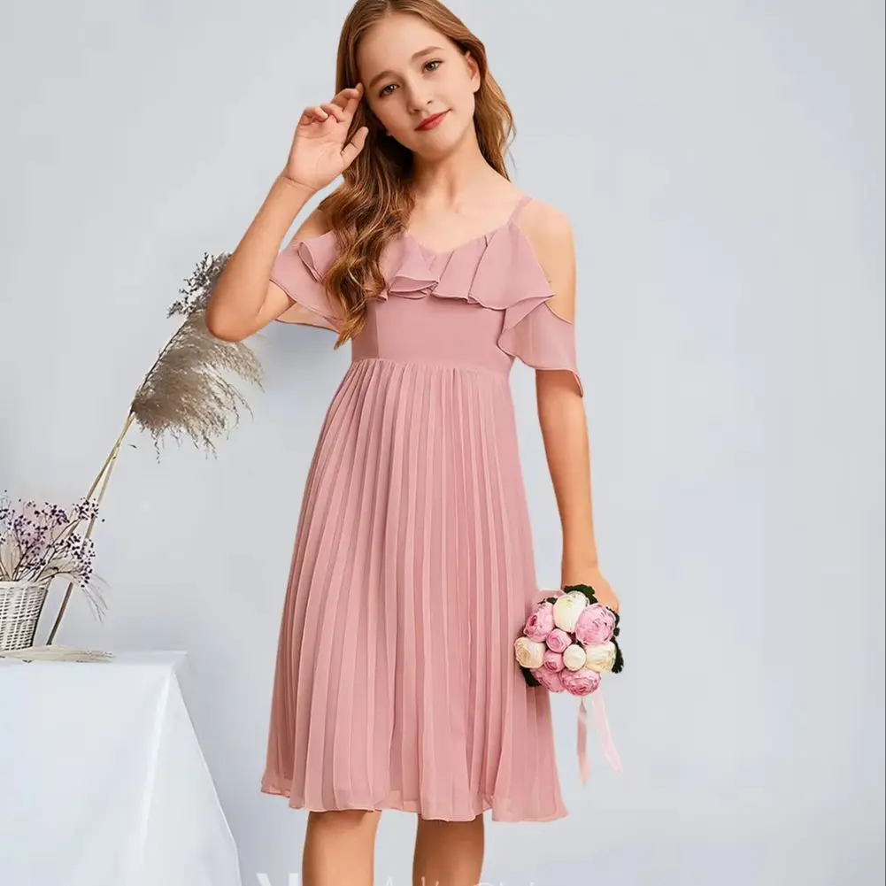 

QZ Kids A-Line Cold Shoulder Knee-Length Chiffon Junior Bridesmaid Dresses Blush Charming Flower Girl Dresses Party Wedding Kids